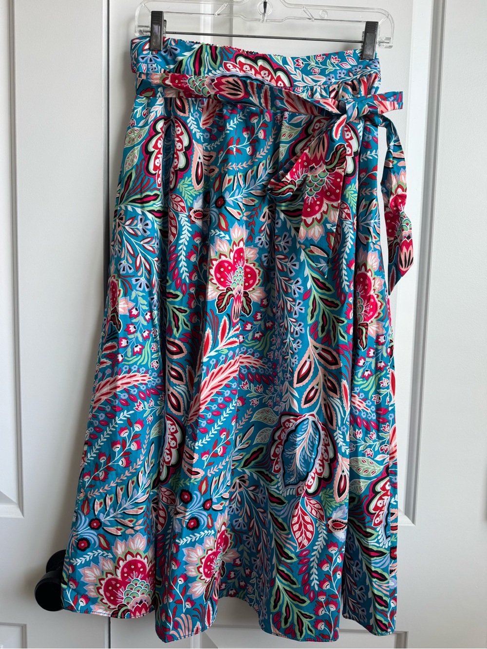 Talbots Teal Pink Floral Paisley Tie Waist Cotton Midi Skirt M